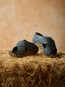 Tropiscape 女士夏季厚底坡跟凉鞋，交叉绑带设计，豹纹露趾休闲时尚拖鞋，圣诞节冬季圣诞礼物 - 黑色 - 查看 4