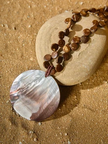 Tropiscape Dây chuyền mặt tròn đính hạt vỏ dừa tự nhiên phong cách Bohemian màu cà phê ombre Quà tặng Giáng sinh Giáng sinh mùa đông - Vòng cổ mặt dây chuyền - Xem 2