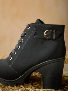 Tropiscape Elegant Women's Rhinestone Decor Fashion Lace-Up Zipper Side Chunky Heel Boots,Style With Tops Winter Gifts - Black - View 6