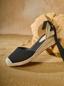 Tropiscape Nuevos zapatos de cuña de esparto para mujer, zapatos de pescador de lona negra con cordones largos, ligeros y cómodos, versátiles, con plataforma antideslizante, regalos de invierno, estilo campestre, atuendo de verano - Negro - Ver 2