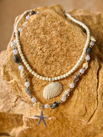 Tropiscape 2pcs Summer Beach Shell & Sea Snail Beaded Necklaces Zinc Alloy Starfish Pendant Set For Women, Suitable For Vacation & Travel Christmas Christmas Winter Christmas Gifts New Year