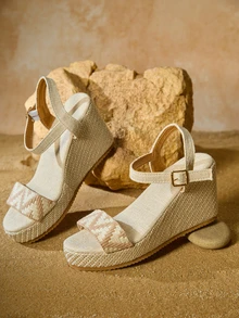 Tropiscape French Style Platform Sandals For Women, Summer Outdoor Strap High Heel Chunky Sole Open Toe Roman Shoes Winter Gifts Cottagecore,SummerOutfit - Beige - View 2
