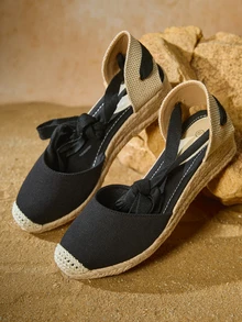 Tropiscape Nuevos zapatos de cuña de esparto para mujer, zapatos de pescador de lona negra con cordones largos, ligeros y cómodos, versátiles, con plataforma antideslizante, regalos de invierno, estilo campestre, atuendo de verano - Negro - Ver 1