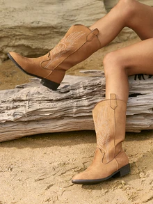 Tropiscape Women Vintage American Embroidered Faux Suede High Boots, Maillard Brown High Chunky Heel Riding Boots, Fashionable Punk Style Chelsea Boots Winter Gifts - Brown - View 6