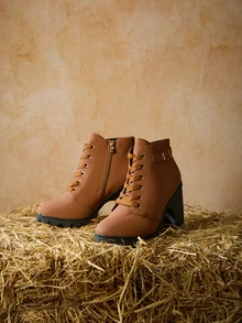 Tropiscape 优雅女士时尚靴，饰有水钻，正面系带，侧拉链，粗跟，圣诞节冬季圣诞礼物