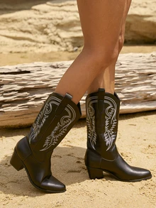 Tropiscape 女士刺绣西部中筒靴，套穿式，花卉刺绣图案，粗跟西部靴，圣诞节冬季圣诞礼物 - 黑色 - 查看 4