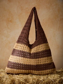 Tropiscape Women Woven Handbags Crochet Bag Knitted Handbags Beach Bags 2024 New Summer Women Vintage Vacation Style Handmade Knitted Striped Decor Shoulder Crochet Large Capacity Tote Bag, Perfect For Beach Vacation, Travel, Shopping, And Vacation Essentials, Eye-Catching Beach Bag Summer Gifts Cottagecore,SummerOutfit - Brown - View 4