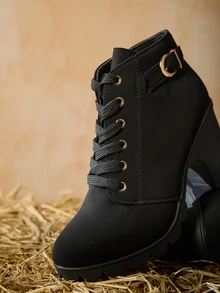 Tropiscape Elegant Women's Rhinestone Decor Fashion Lace-Up Zipper Side Chunky Heel Boots,Style With Tops Winter Gifts - Black - View 5