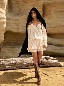 Tropiscape 1pc In-Stock Velvet Cloak Cape For Adult Witch Wizard, Gold Velvet Hooded Robe Black Cape Winter Gifts - Black - View 6