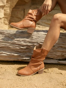 Tropiscape 褶皱女士踝靴，西部风格高跟靴，粗跟，百搭圣诞冬季礼物 - 駝色 - 查看 8