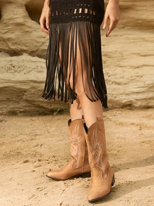 Tropiscape Women Vintage American Embroidered Faux Suede High Boots, Maillard Brown High Chunky Heel Riding Boots, Fashionable Punk Style Chelsea Boots Winter Gifts - Brown - View 4