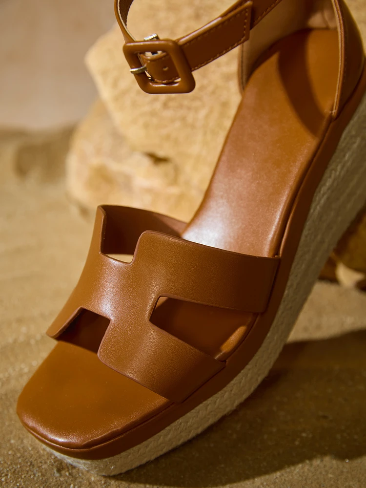 Tropiscape Women Fashionable Woven Strappy Thick Platform High Heel Sandals With Rope, Simple & Stylish, For Party And Gathering In Spring/Summer Winter Gifts Cottagecore,SummerOutfit - Brown - View 5
