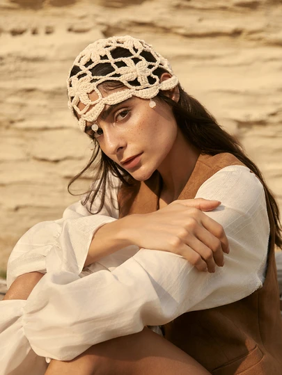 Tropiscape 1 pieza Sombrero hecho a mano de mujer de ganchillo, liviano y calado, decorado con perlas falsas, adecuado para primavera, verano, otoño, uso diario y al aire libre, regalo de Navidad