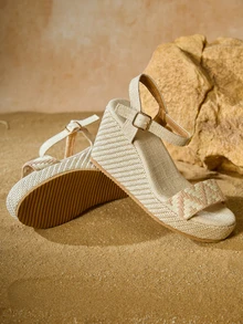 Tropiscape French Style Platform Sandals For Women, Summer Outdoor Strap High Heel Chunky Sole Open Toe Roman Shoes Winter Gifts Cottagecore,SummerOutfit - Beige - View 4