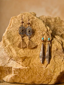 Tropiscape 19pcs/Set Bohemian Style Women Vintage Earrings Set, Handmade Woven Tassel Drop Geometric Rhinestone Zinc Alloy Earrings, Multi-Style For Daily, Party & Holiday Wear, Gift-Worthy Winter Gifts - Brown - View 4