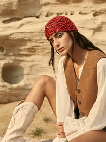 Tropiscape 1件女士时尚手工串珠钩编镂空无檐帽，复古异域风情薄针织头巾，适合春夏圣诞节和冬季圣诞节礼物 - 針織帽 - 查看 2