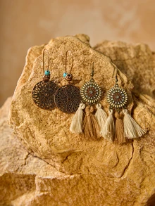 Tropiscape 19pcs/Set Bohemian Style Women Vintage Earrings Set, Handmade Woven Tassel Drop Geometric Rhinestone Zinc Alloy Earrings, Multi-Style For Daily, Party & Holiday Wear, Gift-Worthy Winter Gifts - Brown - View 6