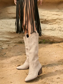 Tropiscape Embroidered Western Pointed Toe Chunky Heel Mid-Calf Boots, Suede Riding Boots For Women Winter Gifts - Khaki - View 5