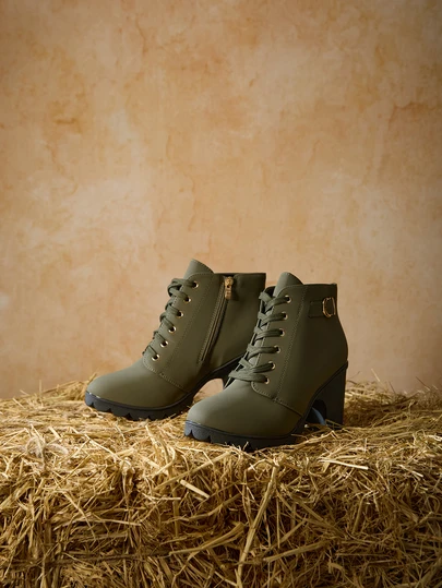 Tropiscape Botas de moda elegantes para mujer con decoración de hebilla, cordones delanteros, cremallera lateral, tacón grueso, que combinan con un cárdigan de moda, regalo de Navidad de invierno