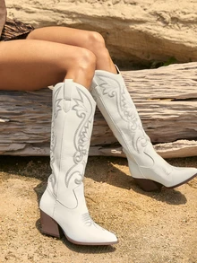 Tropiscape 女士刺绣西部过膝长靴，饰有刺绣图案，粗跟，V 型开口白色靴子，牛仔靴，圣诞节冬季圣诞礼物 - 白色 - 查看 5