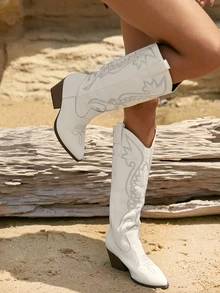 Tropiscape 女士刺绣西部过膝长靴，饰有刺绣图案，粗跟，V 型开口白色靴子，牛仔靴，圣诞节冬季圣诞礼物 - 白色 - 查看 3