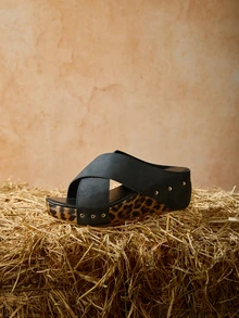 Tropiscape 女士夏季厚底坡跟凉鞋，交叉绑带设计，豹纹露趾休闲时尚拖鞋，圣诞节冬季圣诞礼物 - 黑色 - 查看 2