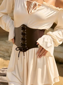 Tropiscape Wide Elastic Waist Band Tie-Up Waist Cincher Dress Brown Belt Accessory, Corset Versatile For Women's Dresses, Costume Waist Sash Accessories For Ladies For Dress Western Cowboy Cowgirl Country Wear Vintage Brown Belt Women Corset Belt For Dress, Waist Trainer Waist-Shaping For Waist Slimming And Tummy Control Winter Gifts - Multicolor - View 3