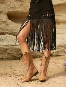 Tropiscape Women Vintage American Embroidered Faux Suede High Boots, Maillard Brown High Chunky Heel Riding Boots, Fashionable Punk Style Chelsea Boots Winter Gifts - Brown - View 2