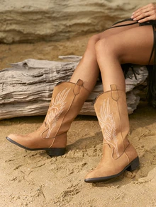 Tropiscape Women Vintage American Embroidered Faux Suede High Boots, Maillard Brown High Chunky Heel Riding Boots, Fashionable Punk Style Chelsea Boots Winter Gifts - Brown - View 1