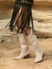 Tropiscape Embroidered Western Pointed Toe Chunky Heel Mid-Calf Boots, Suede Riding Boots For Women Winter Gifts - Khaki - View 3