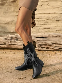 Tropiscape 女士深色刺绣真皮西部靴，时尚低跟粗跟高筒朋克风切尔西靴，圣诞节冬季圣诞礼物