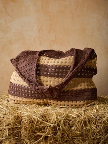 Tropiscape Women Woven Handbags Crochet Bag Knitted Handbags Beach Bags 2024 New Summer Women Vintage Vacation Style Handmade Knitted Striped Decor Shoulder Crochet Large Capacity Tote Bag, Perfect For Beach Vacation, Travel, Shopping, And Vacation Essentials, Eye-Catching Beach Bag Summer Gifts Cottagecore,SummerOutfit - Brown - View 3