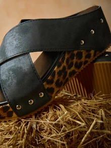 Tropiscape 女士夏季厚底坡跟凉鞋，交叉绑带设计，豹纹露趾休闲时尚拖鞋，圣诞节冬季圣诞礼物 - 黑色 - 查看 5