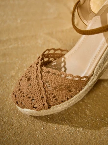 Tropiscape Women's High Heel Wedge Sandals With Thick Bottom, Lace-Up Straps, Silk Ribbon, Woven & Hollow Out Design, Fashionable Fisherman Slippers Winter Gifts - Coffee Brown - View 5