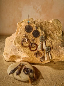 Tropiscape 19pcs/Set Bohemian Style Women Vintage Earrings Set, Handmade Woven Tassel Drop Geometric Rhinestone Zinc Alloy Earrings, Multi-Style For Daily, Party & Holiday Wear, Gift-Worthy Winter Gifts - Brown - View 3