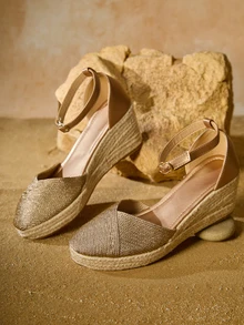 Tropiscape Sandale damă cu toc înalt, pantofi cu platformă și barete țesute, cu vârf închis, tip espadrilă, cadouri de iarnă Cottagecore, ținută de vară - Șampanie - Vizualizare 1