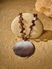 Tropiscape Dây chuyền mặt tròn đính hạt vỏ dừa tự nhiên phong cách Bohemian màu cà phê ombre Quà tặng Giáng sinh Giáng sinh mùa đông - Vòng cổ mặt dây chuyền - Xem 3