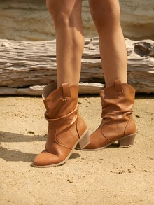 Tropiscape 褶皱女士踝靴，西部风格高跟靴，粗跟，百搭圣诞冬季礼物 - 駝色 - 查看 6