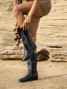 Tropiscape 女士深色刺绣真皮西部靴，时尚低跟粗跟高筒朋克风切尔西靴，圣诞节冬季圣诞礼物