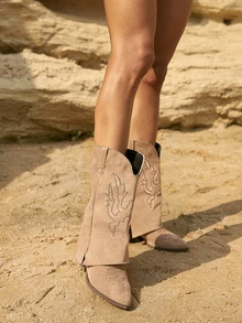 Tropiscape 女士厚底尖头褶皱踝靴，短款西部靴，带刺绣，2025秋冬新款，圣诞节冬季礼物