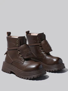 DareSee 女士时尚短靴、踝靴、黑色靴子、棕色靴子、圆头字母装饰系带厚底短靴、复古风、英伦骑士靴、户外休闲冬季礼物音乐节 - 咖啡棕 - 查看 2