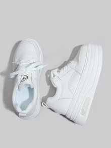 DareSee 1双女士舒适新款厚底坡跟运动鞋，圆头系带白色厚底运动鞋，轻便防滑黑色休闲鞋，圣诞节冬季圣诞礼物 - 白色 - 查看 5