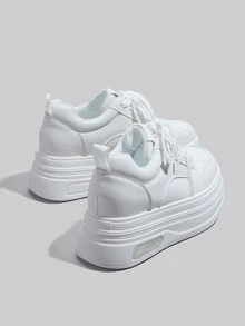 DareSee 1双女士舒适新款厚底坡跟运动鞋，圆头系带白色厚底运动鞋，轻便防滑黑色休闲鞋，圣诞节冬季圣诞礼物 - 白色 - 查看 4