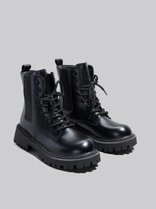 DareSee 女士时尚新款黑色踝靴，弹力系带圆头套脚靴，舒适真皮短靴，冬季礼物，音乐节佳选 - 黑色 - 查看 3