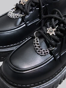 DareSee 女士系带蝙蝠链条装饰厚底牛津鞋，时尚户外坡跟鞋，冬季礼物，音乐节佳品 - 黑色 - 查看 5