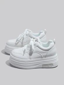 DareSee 1双女士舒适新款厚底坡跟运动鞋，圆头系带白色厚底运动鞋，轻便防滑黑色休闲鞋，圣诞节冬季圣诞礼物 - 白色 - 查看 3