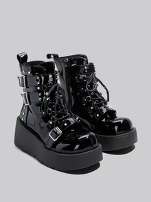 DareSee 转校生系列骷髅派对厚底朋克风厚底靴女式时尚亚文化短踝靴圣诞节冬季圣诞礼物 - 黑色 - 查看 3