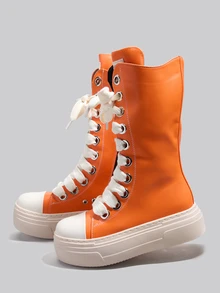 DareSee Orange Mid Boots For Woman, Lace Up Casual Sports Boots, Flat Platform Combat Rock Boots, Fashion Ladies Sneakers Walking Shoes Winter Gifts - Orange - View 2