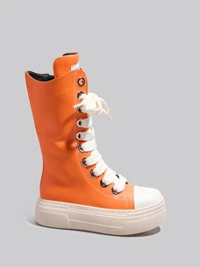 DareSee Orange Mid Boots For Woman, Lace Up Casual Sports Boots, Flat Platform Combat Rock Boots, Fashion Ladies Sneakers Walking Shoes Winter Gifts - Orange - View 3