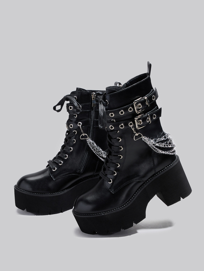 DareSee Women's European Punk Style Chain-Decor Stiletto Heel Black Ankle Boots For Party Winter Gifts Music Fest